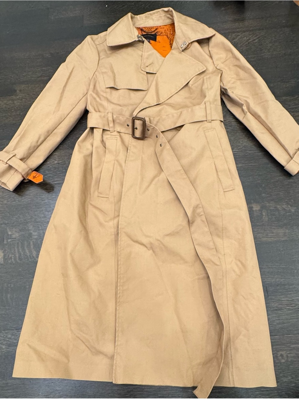 Banana Republic Heritage Map Print Trench Coat Tan Beige Belted Size L Cotton